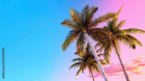 Palm Trees Silhouette Against Vibrant Sunset Sky Tropical Paradise