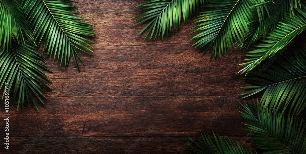 A wooden surface framed by lush green palm leaves, creating a natural, tropical ambiance. A wooden surface framed by lush green palm leaves, creating a natural, tropical ambiance.