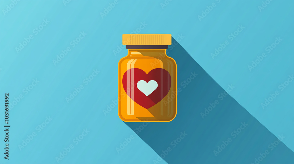 Obraz premium Flat illustration of a medicine bottle with heart symbol on blue background. Long shadow style for healthcare design.