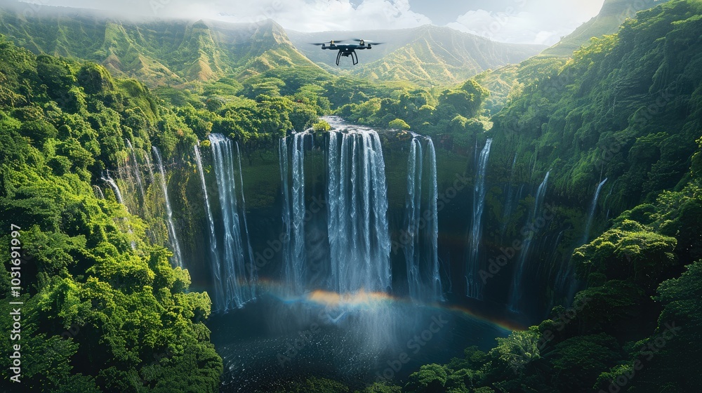 Fototapeta premium A drone flying over a majestic waterfall in a tropical paradise, with rainbows forming in the mist.