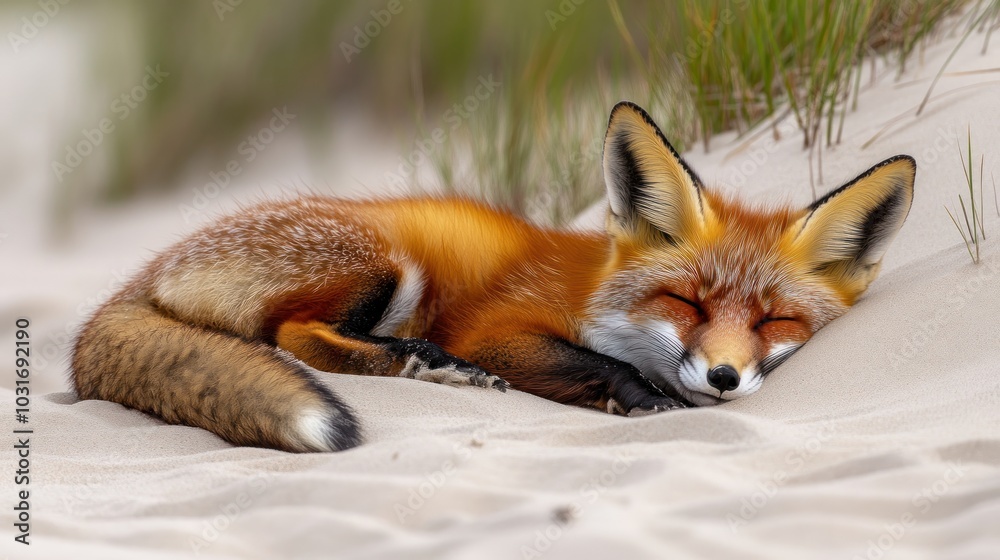 A resting red fox peacefully sleeps on sandy terrain, surrounded by grass. A resting red fox peacefully sleeps on sandy terrain, surrounded by grass.