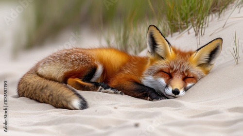 A resting red fox peacefully sleeps on sandy terrain, surrounded by grass.