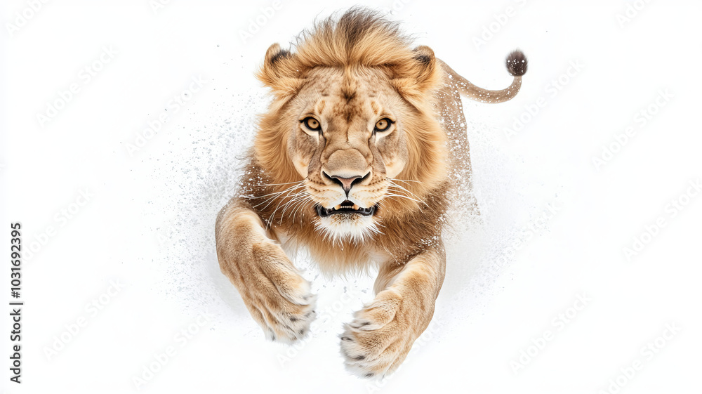 Obraz premium Majestic lion leaping through snow, showcasing its powerful physique and fierce expression. scene captures beauty and strength of this magnificent animal in striking winter landscape
