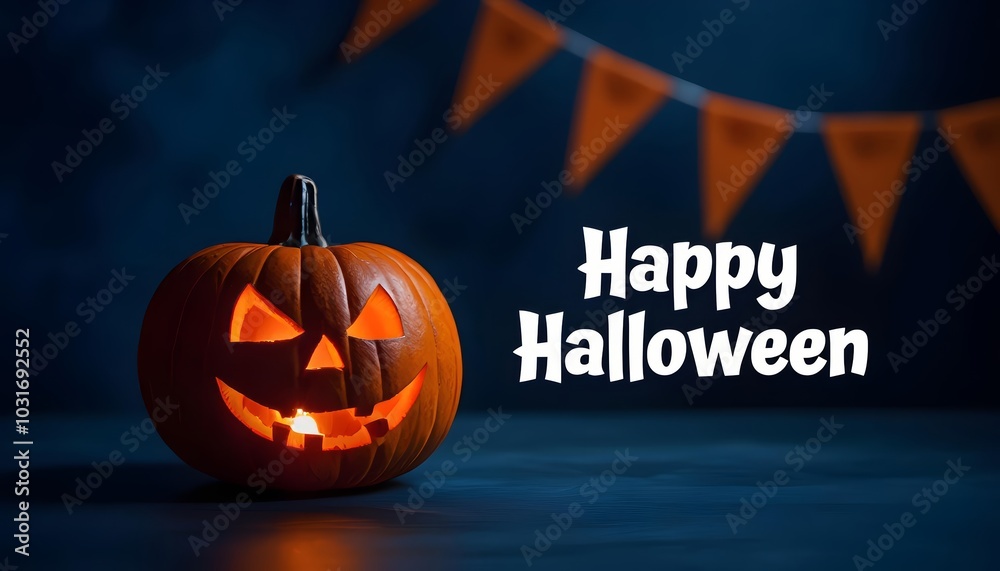 Glowing Jack-o'-lantern on dark background with Happy Halloween text, festive greeting card Glowing Jack-o'-lantern on dark background with Happy Halloween text, festive greeting card