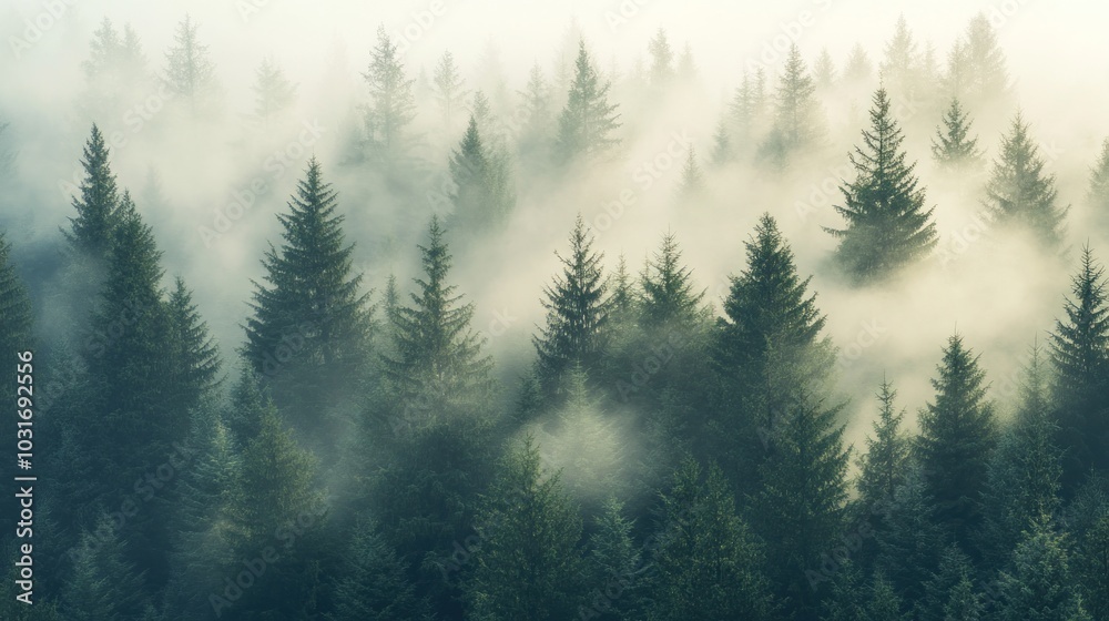 A misty forest landscape with dense evergreen trees shrouded in fog.