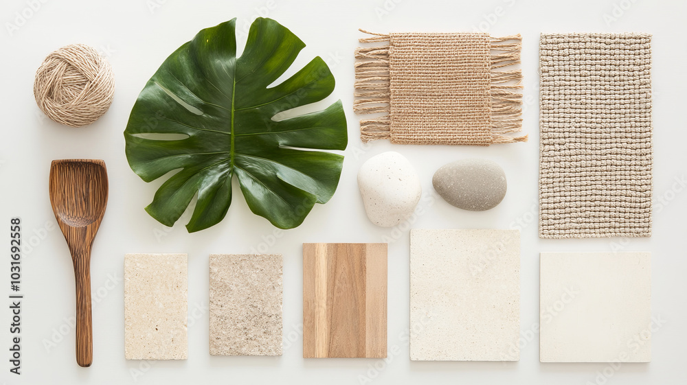 Natural materials and textures are beautifully arranged, showcasing variety of elements like wood, stone, and fabric. This composition evokes sense of calm and connection to nature Natural materials and textures are beautifully arranged, showcasing variety of elements like wood, stone, and fabric. This composition evokes sense of calm and connection to nature