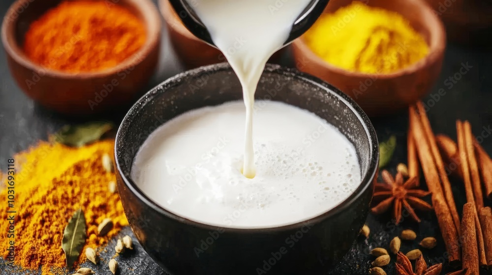 A creamy mixture is poured into a black bowl surrounded by vibrant spices, creating a colorful culinary scene. A creamy mixture is poured into a black bowl surrounded by vibrant spices, creating a colorful culinary scene.