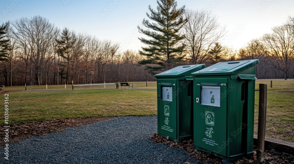 Two Green Recycling Bins in a Wooded Area at Dusk Two Green Recycling Bins in a Wooded Area at Dusk