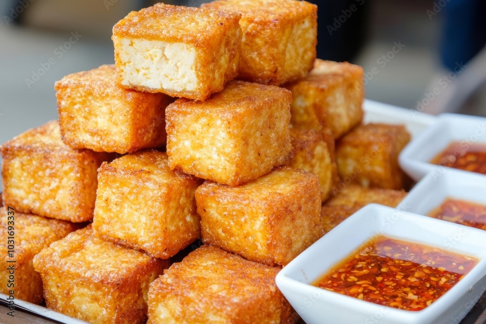Crispy golden tofu cubes arranged in a stack, accompanied by small bowls of dipping sauce. Crispy golden tofu cubes arranged in a stack, accompanied by small bowls of dipping sauce.