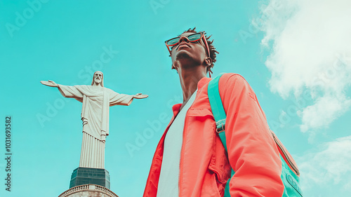 A man stands in front of iconic Christ Redeemer statue, gazing upward with sense of wonder. His vibrant orange jacket contrasts beautifully with clear blue sky, creating striking visual photo