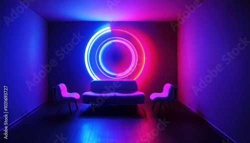 Retro futuristic concept, 1960s room interior design with neon light glow, generative ai
