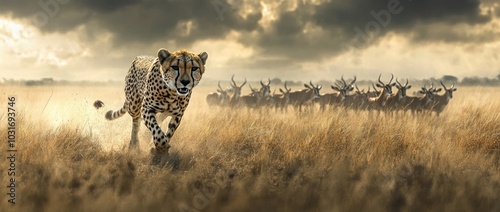 A cheetah stealthily approaches a herd of antelope in a dramatic, natural landscape.