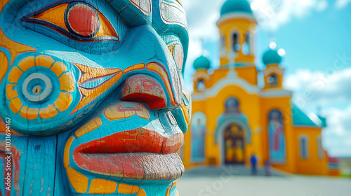 Traditional Alaskan Totem Pole and Russian Orthodox Church	