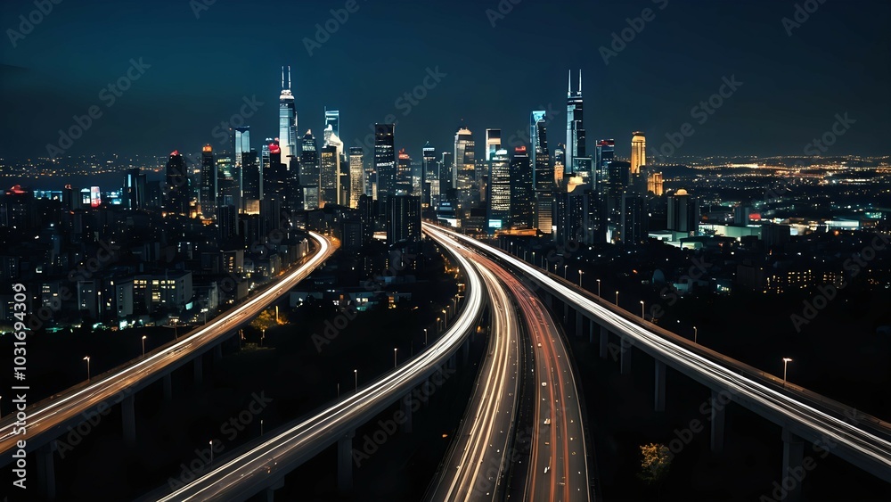 Urban highway with vehicle light trails at night facing skyscrapers, seamless looping 4K video background Urban highway with vehicle light trails at night facing skyscrapers, seamless looping 4K video background