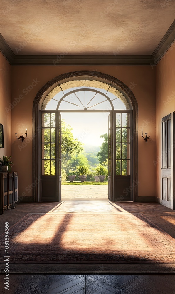 21. A spacious entryway with an open door and soft light