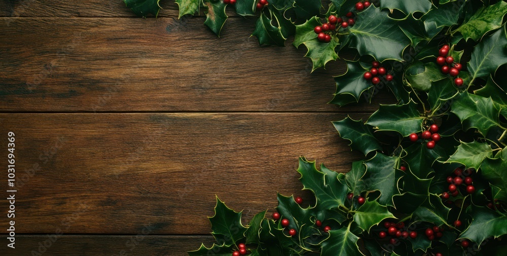 A festive arrangement of holly leaves and berries on a wooden surface. A festive arrangement of holly leaves and berries on a wooden surface.