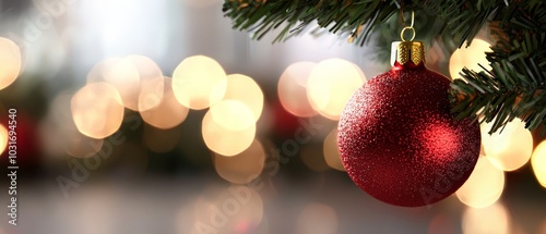  A tight shot of a Christmas ornament suspended from a lit Christmas tree against a backdrop of twinkling holiday lights