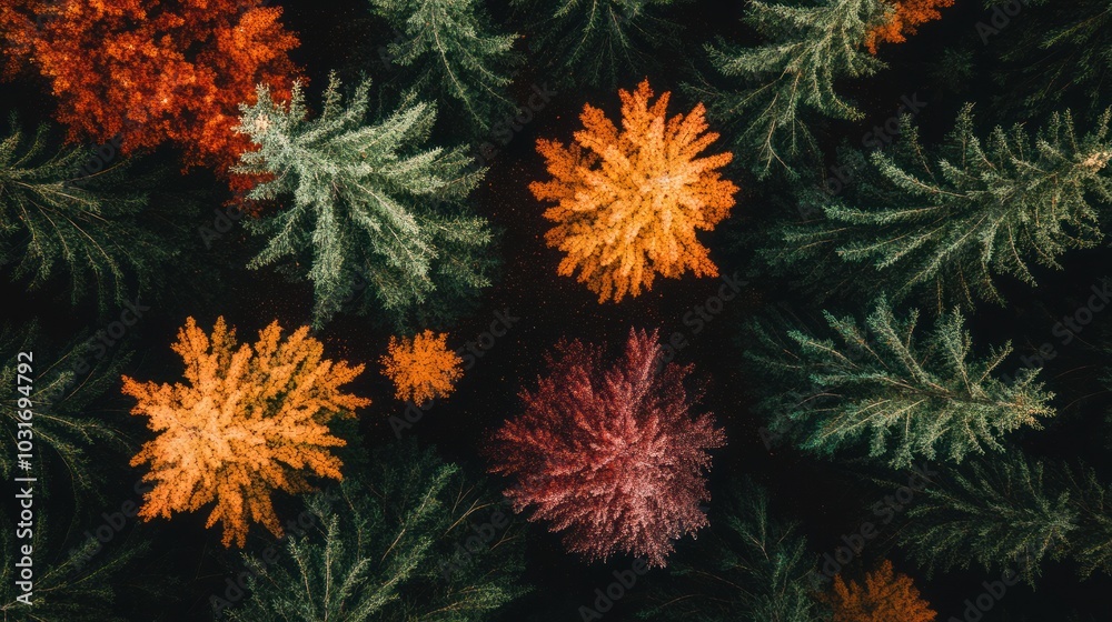 Aerial view of vibrant autumn trees in various colors. Aerial view of vibrant autumn trees in various colors.