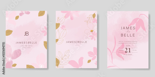 sweet elegant pink botanical Wedding Invitation, floral invite thank you, rsvp modern card Design in leaf and flower water color texture decorative Vector elegant rustic template
