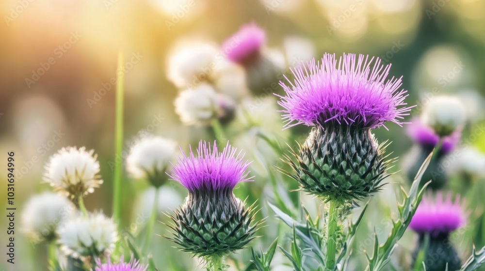 A field of purple flowers with a bright sun shining on them A field of purple flowers with a bright sun shining on them