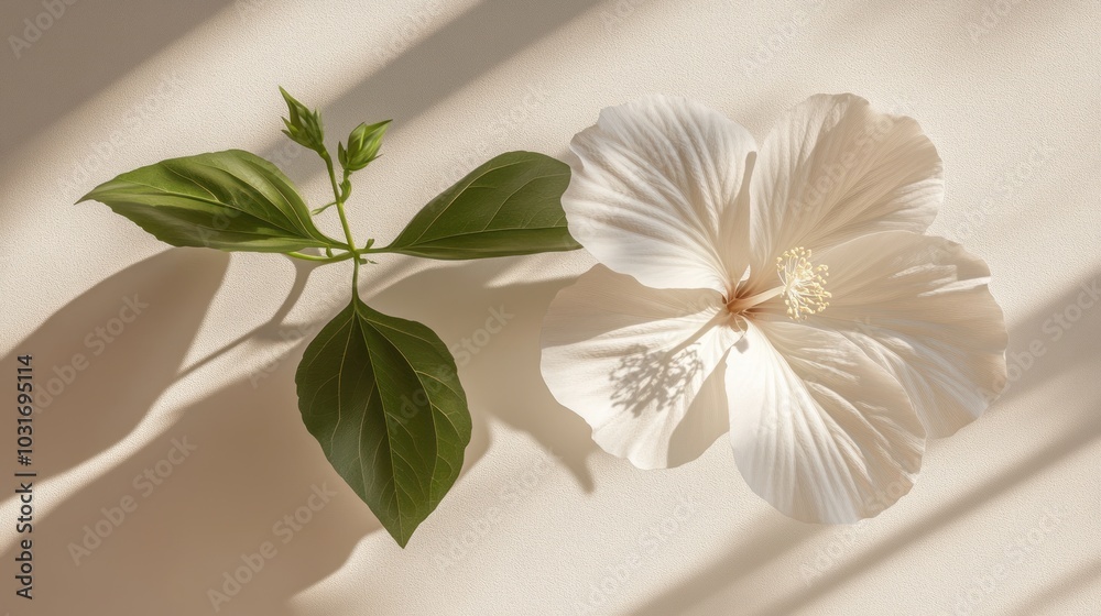 Obraz premium A delicate hibiscus flower and green leaves cast soft shadows on a neutral background.