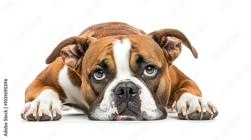A close-up of a sad-looking dog resting on the floor. A close-up of a sad-looking dog resting on the floor.