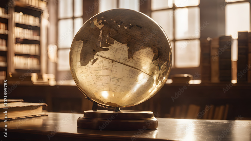 Crystal glass globe with  books and library background for environment and conservation. . Earth crystal glass globe ball. AI generated image, ai