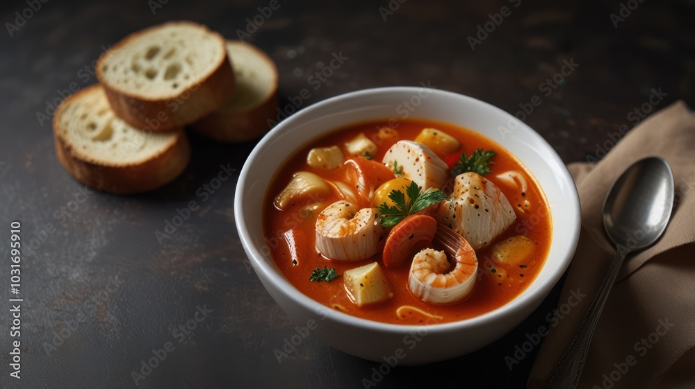 A bowl of seafood soup with shrimp, fish, and vegetables served with crusty bread.
