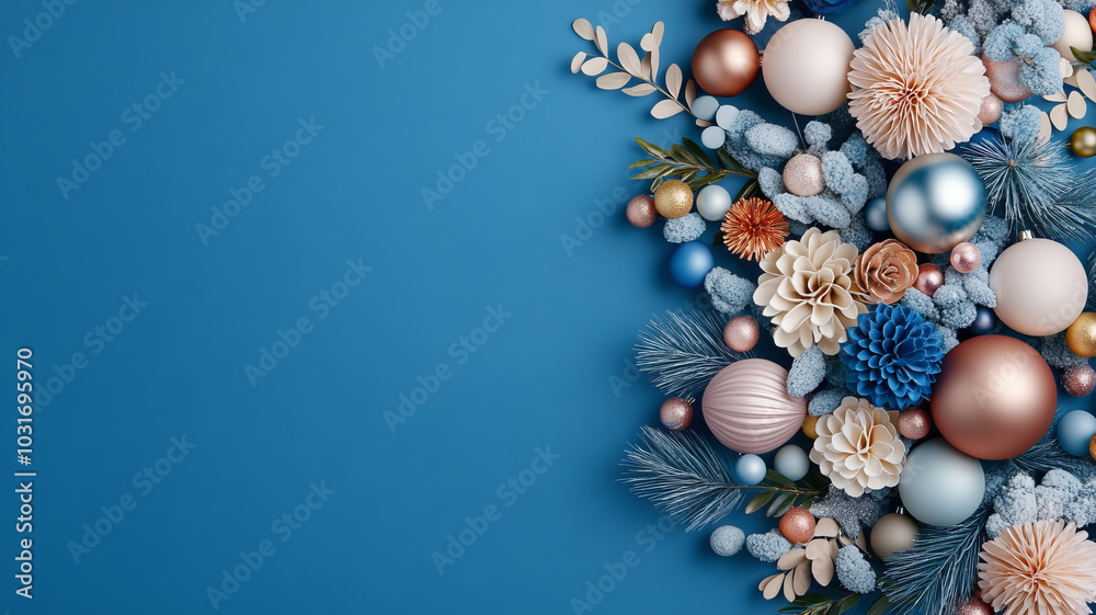 Obraz premium A beautiful arrangement of decorative elements featuring various ornaments, flowers, and foliage in shades of blue, gold, and cream, creating festive and elegant atmosphere