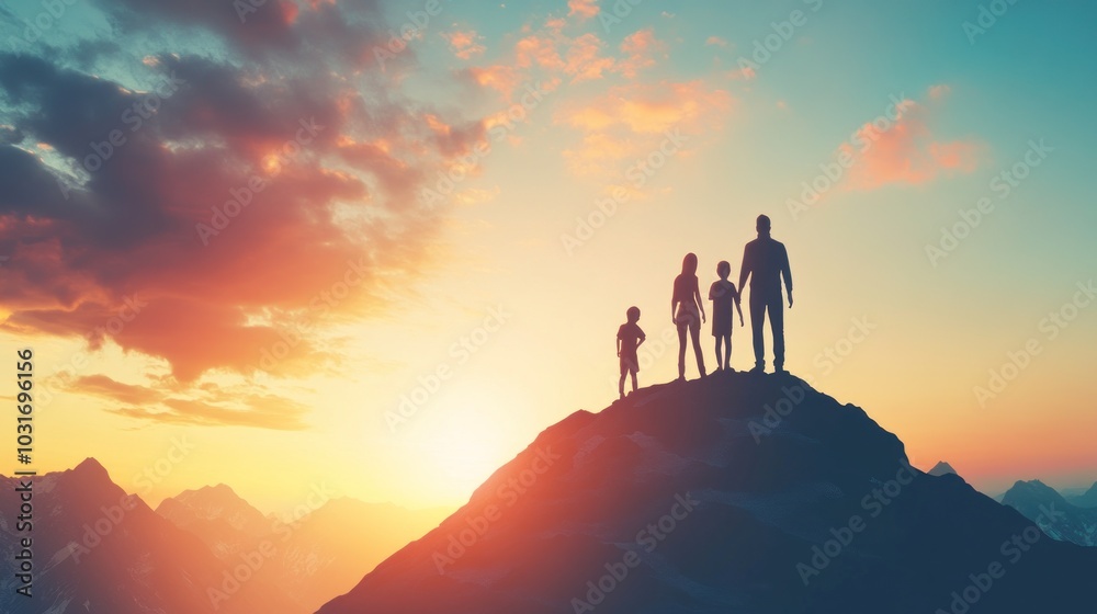 Fototapeta premium A silhouette of a family standing on a mountain peak during a vibrant sunset.