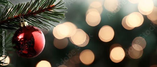  A Christmas tree branch with a red ornament dangling from its emerald needles against a backdrop of softly blurred holiday lights