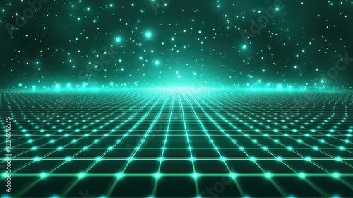 Glowing Green Grid with Scattered Lights in a Dark Background