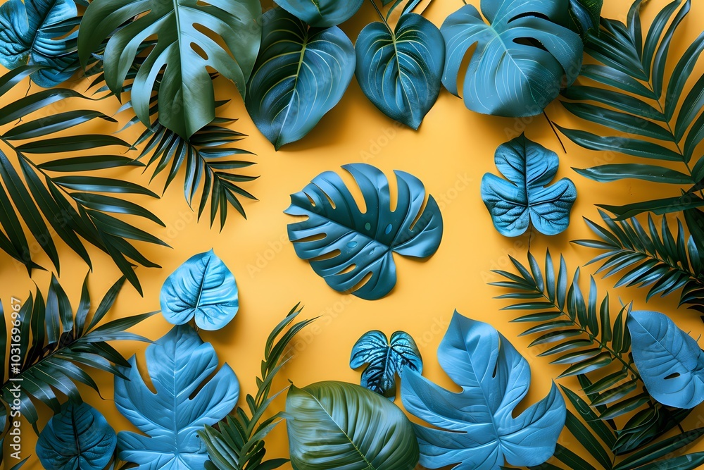 Tropical Blue and Green Leaves on Vibrant Yellow Background for Nature-Themed Decor Tropical Blue and Green Leaves on Vibrant Yellow Background for Nature-Themed Decor