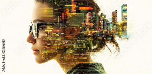 An image of a woman wearing a futuristic data interface on her face, exploring concepts of stock, big data, cloud computing, and deep learning in business and technology