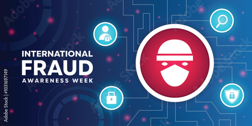 International Fraud Awareness Week. Human, magnifying glass, people icon, padlock and shield. Great for cards, banners, posters, social media and more. Blue background. 