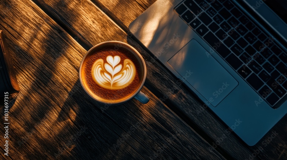 Latte Art with Laptop on a Wooden Table Latte Art with Laptop on a Wooden Table