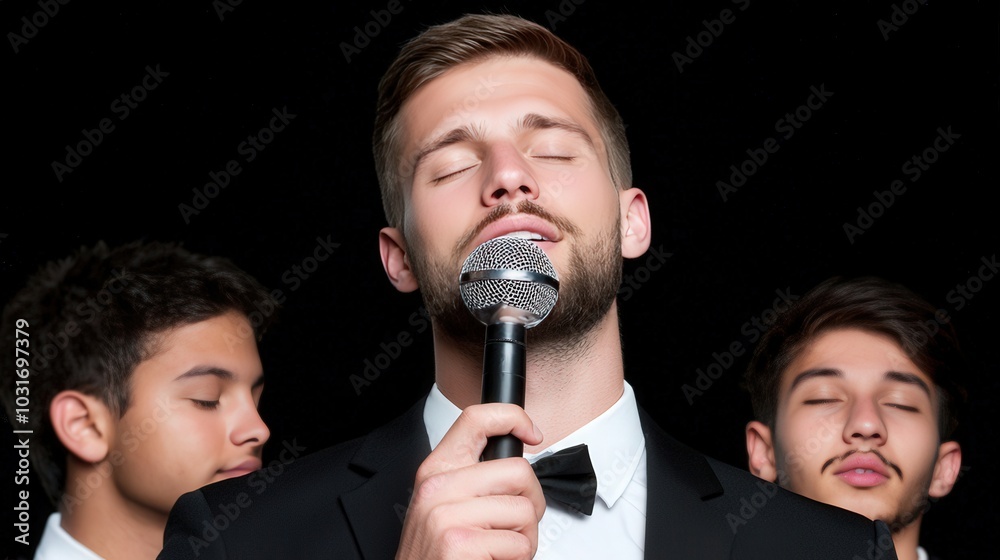 Young Man Singing Into Microphone With Closed Eyes Musical Performance Stage Concert B Young Man Singing Into Microphone With Closed Eyes Musical Performance Stage Concert B