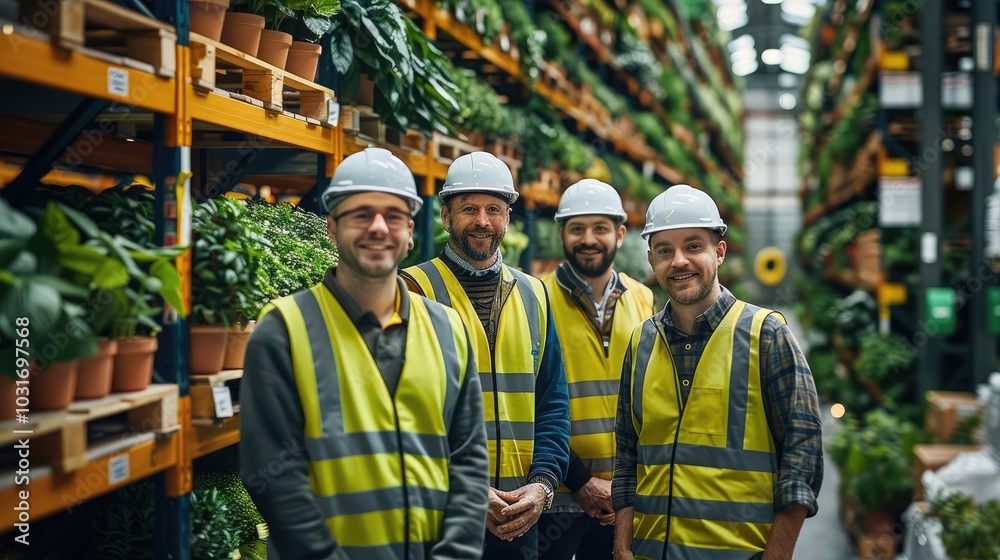 Four happy male workers in yellow safety vest and white helmets are standing inside the warehouse in front of a green forklift, surrounded by pallets filled with potted plants on the shelves. Four happy male workers in yellow safety vest and white helmets are standing inside the warehouse in front of a green forklift, surrounded by pallets filled with potted plants on the shelves.