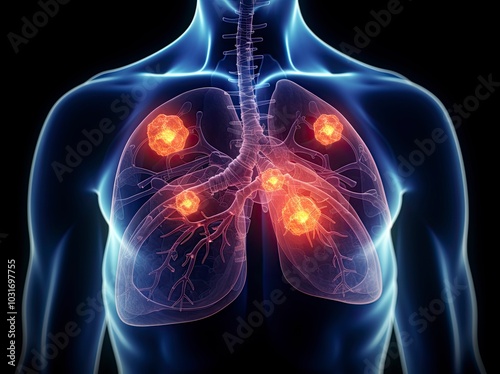 Medical illustration of pneumoconiosis and moyamoya disease affecting human chest lungs, cancer spreading. Internal anatomical structure, myocardial area, glowing red 'Cancer' symbol, medical concept.