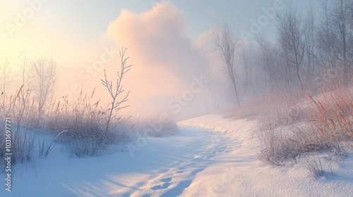 A serene winter landscape with a snowy path and soft, pastel colors in the sky.