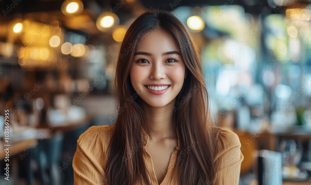 Portrait of Asian woman smiling in a restaurant, Generative AI Portrait of Asian woman smiling in a restaurant, Generative AI
