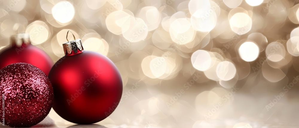 Fototapeta premium A few red ornaments atop a table, nearby a white and gold box of lights