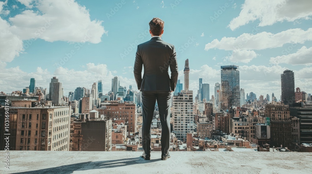 Man in Suit Looking Out Over Cityscape Man in Suit Looking Out Over Cityscape