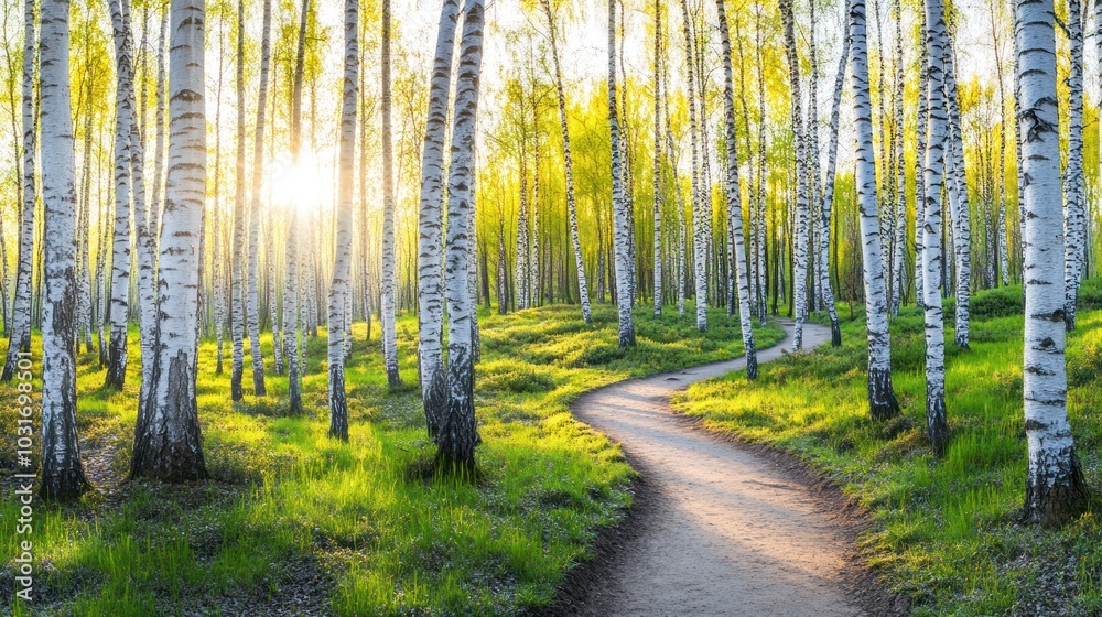 Fototapeta premium A serene forest path illuminated by sunlight through birch trees.