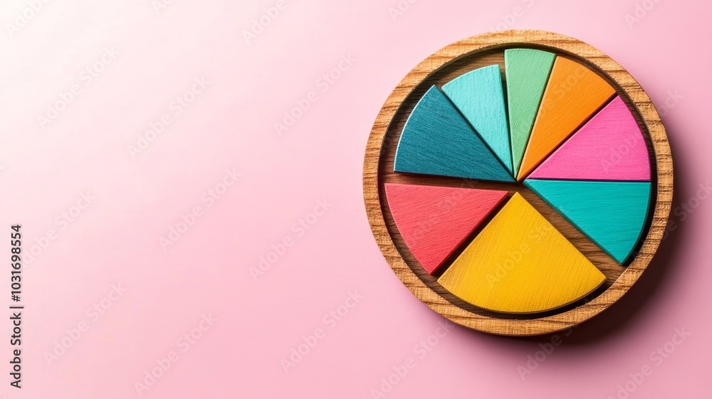 Fototapeta premium Colorful Wooden Pie Chart on Pink Background Business Data Analysis and Strategy