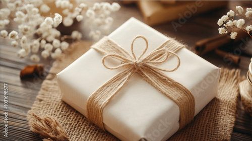 Minimalist wrapped gift with jute twine on a wooden table. Eco-friendly and simple gift wrapping concept