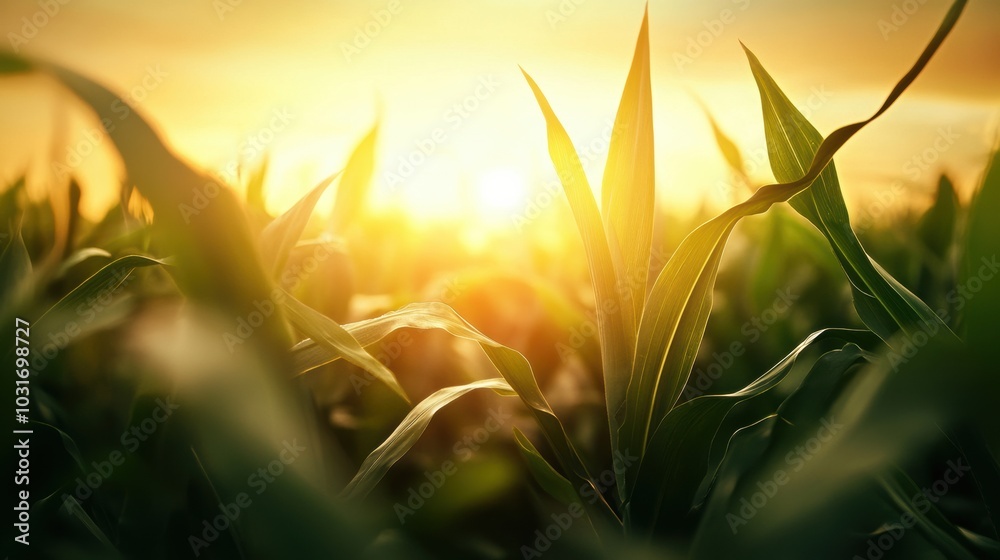 Cornfield Sunrise with Green Leaves and Sunlight Cornfield Sunrise with Green Leaves and Sunlight