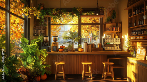 Cozy autumn-themed cafe with plants and pumpkins by the window. Fall season and warm cafe ambiance concept