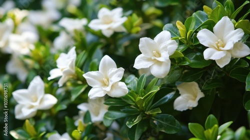 Blooming White Gardenia Flower with Lush Green Leaves