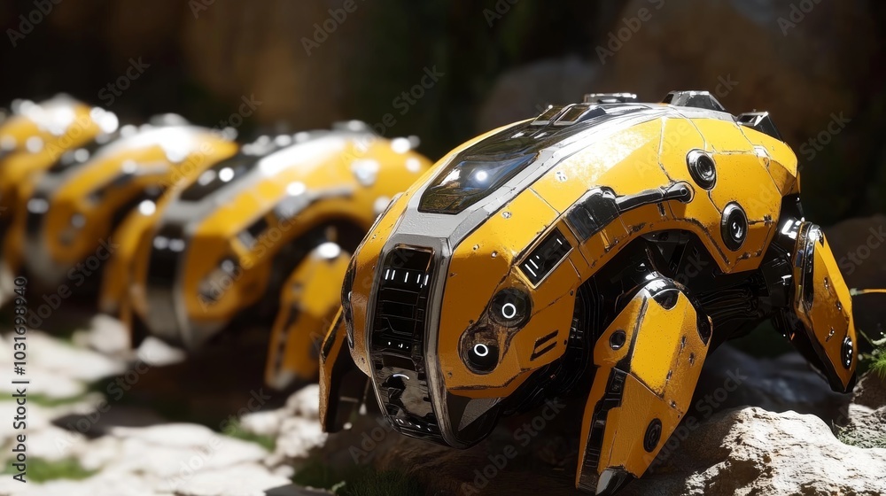 Futuristic Yellow Robot Drone in Line Formation Sci Fi Technology Concept Futuristic Yellow Robot Drone in Line Formation Sci Fi Technology Concept